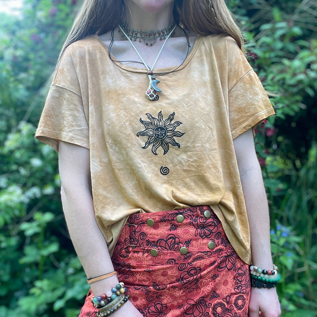 Ochre Palolem Ocean Ethical Boxy Fit Tee, Hand Dyed &amp; Block Printed Organic Vegan Free Trade T-Shirt