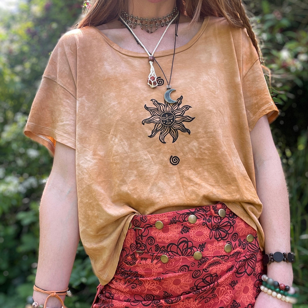 Ochre Palolem Ocean Ethical Boxy Fit Tee, Hand Dyed &amp; Block Printed Organic Vegan Free Trade T-Shirt