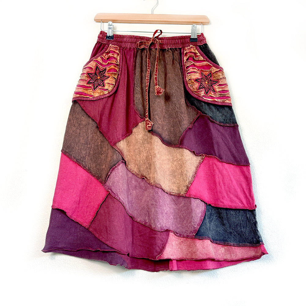 Knee Length Earthy Tones Patchwork Embroidered Flower Skirt