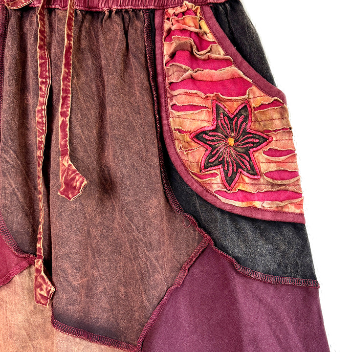 Knee Length Earthy Tones Patchwork Embroidered Flower Skirt