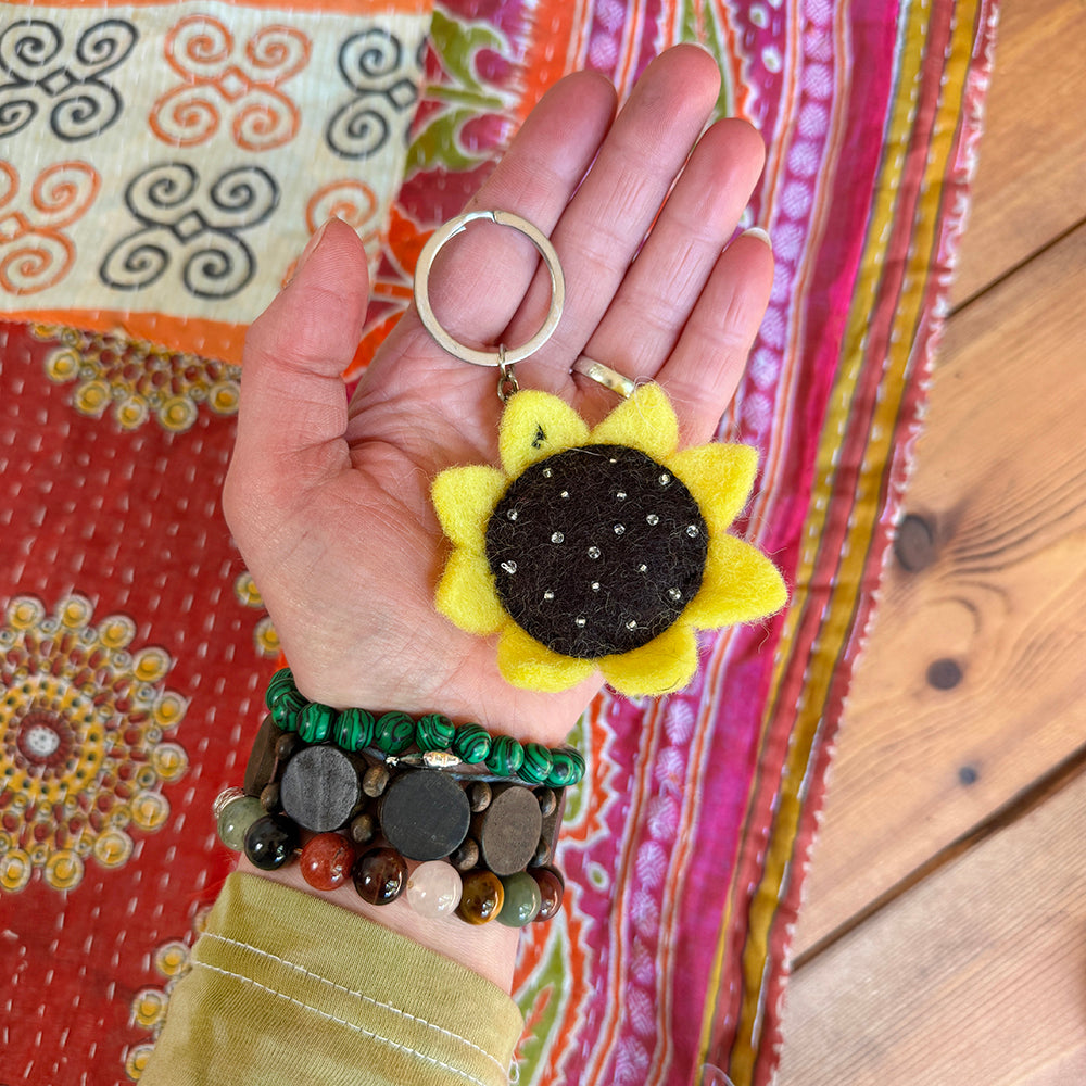 Sunflower Felt Keyring - Hand Made Fair Trade Gift, Cute Keyring Bag Accessory