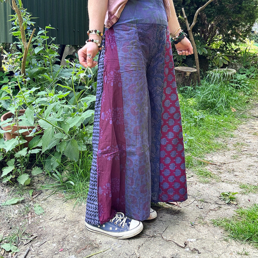 Floral Indian Print Palazzo Wide Leg Trousers - Blue Iris
