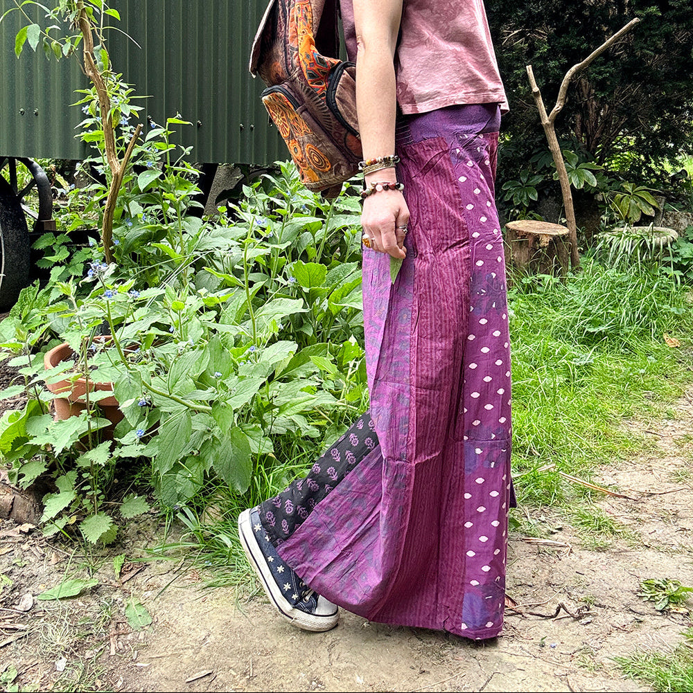 Floral Indian Print Palazzo Wide Leg Trousers - Purple Iris