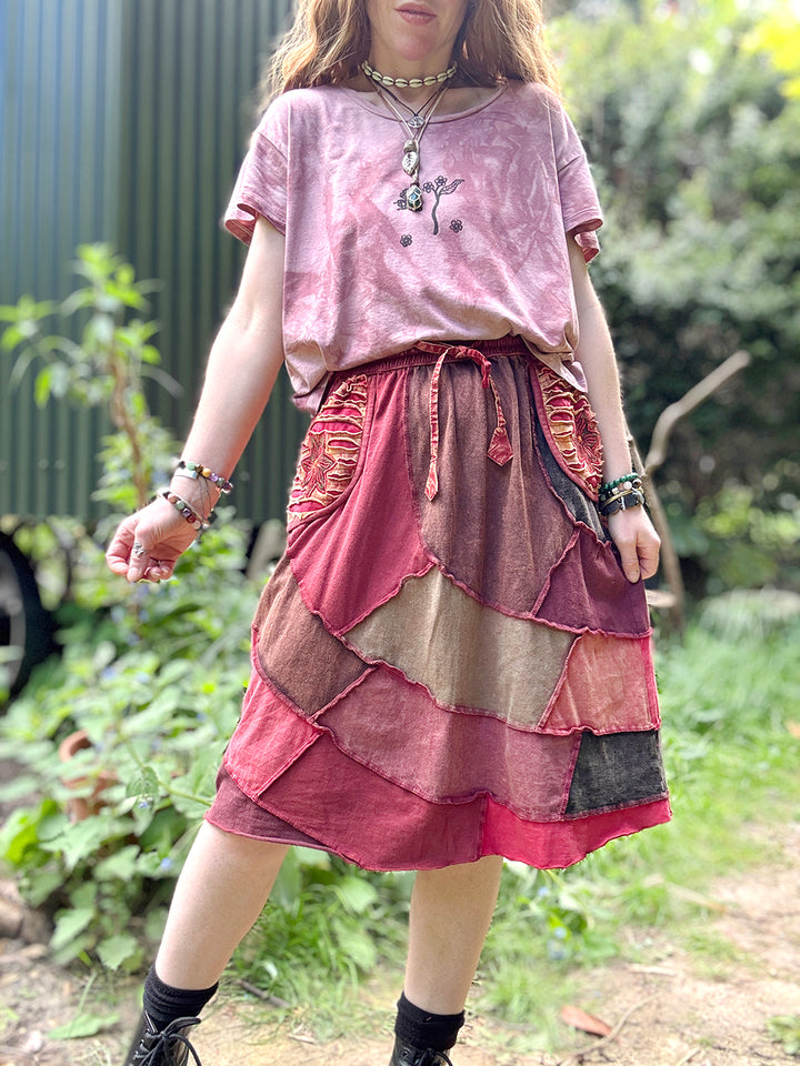 Knee Length Earthy Tones Patchwork Embroidered Flower Skirt