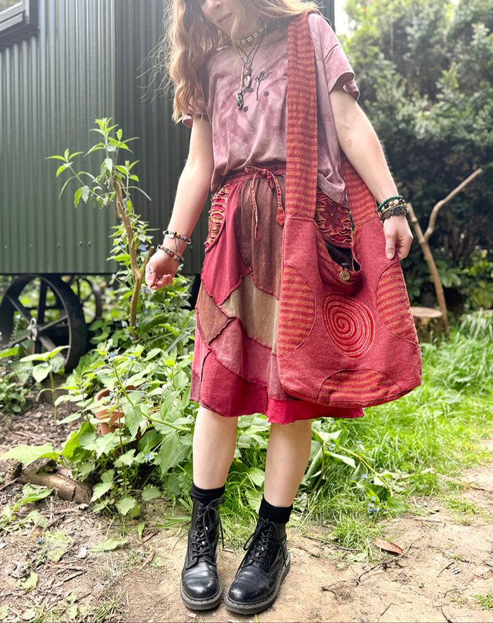 Knee Length Earthy Tones Patchwork Embroidered Flower Skirt