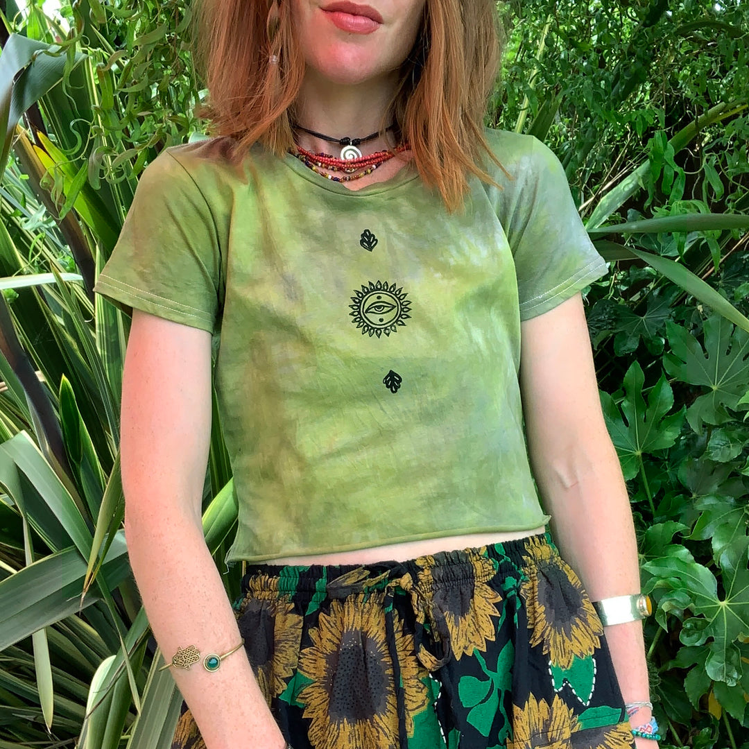 All Seeing Earth Crop T-Shirt in Moss Green - Hand Dyed & Block Printed, Vegan, Organic & Fair Trade