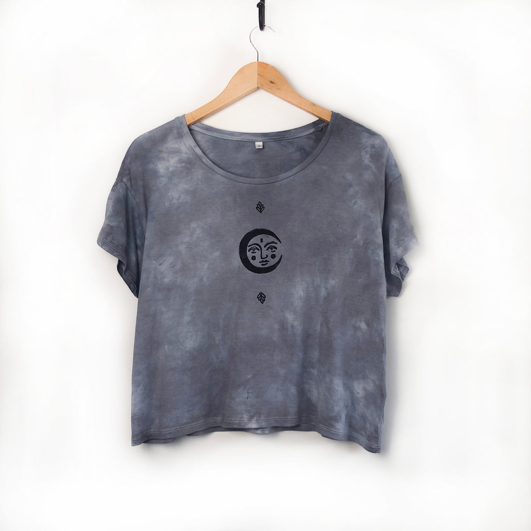Psychedelic Moon Boxy Fit Ethical T-Shirt, Hand Dyed & Block Printed, Organic Vegan Celestial Top