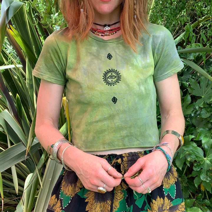 All Seeing Earth Crop T-Shirt in Moss Green - Hand Dyed & Block Printed, Vegan, Organic & Fair Trade