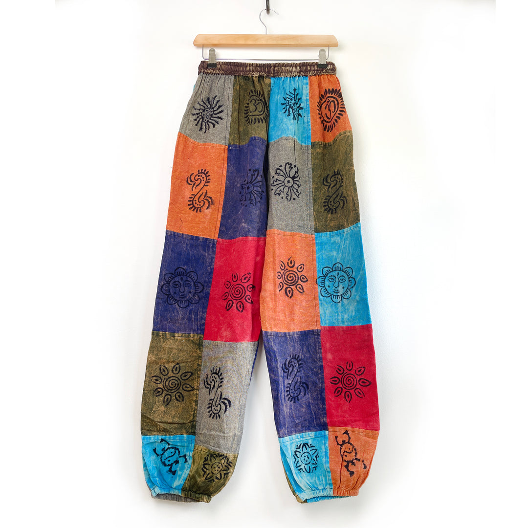 Stonewash Patchwork Block Print Hippie Trousers - Fair Trade Loose fit Harem Nepalese Motif Pants