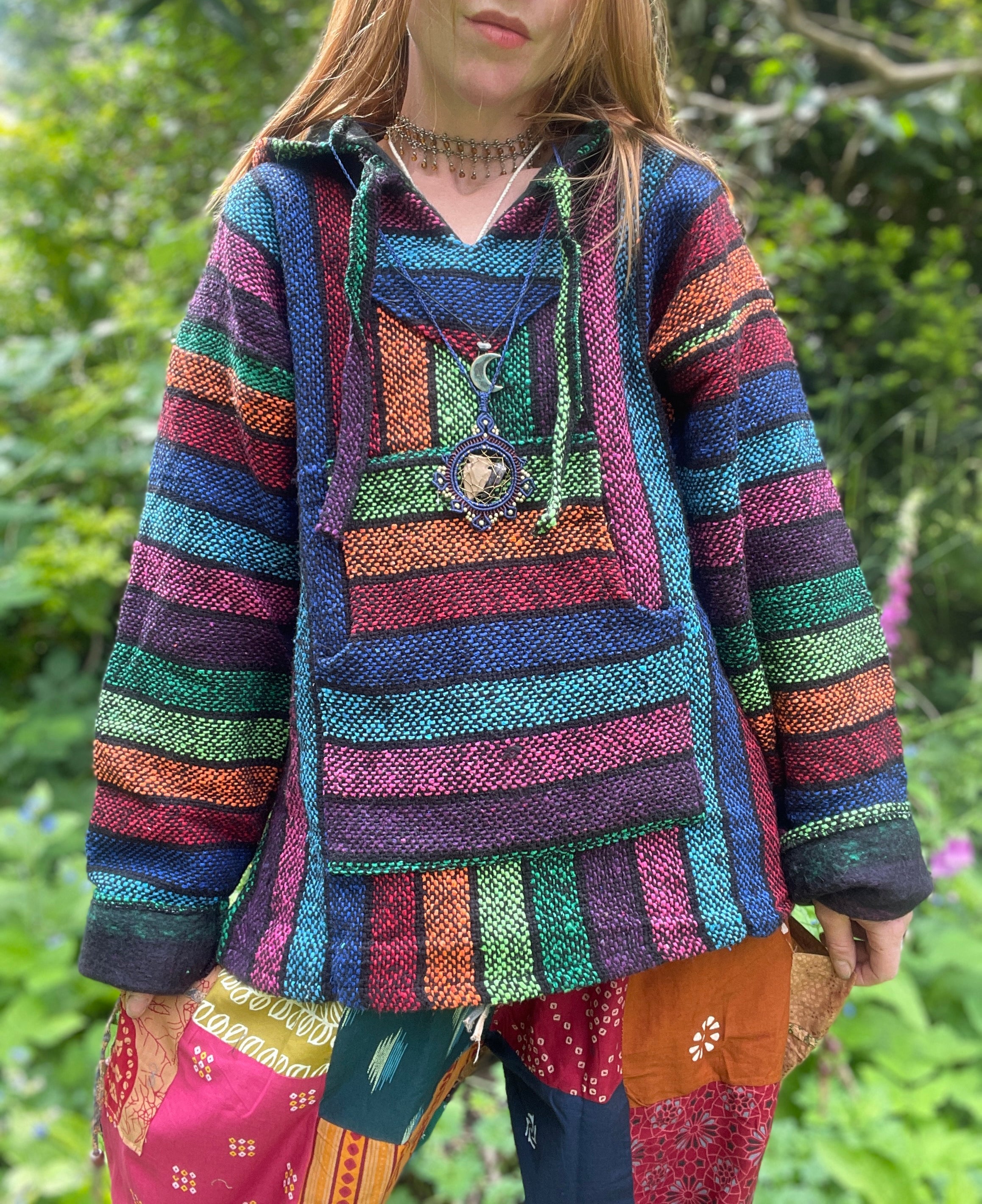 Mexican Baja Jerga Rainbow Weave Hoody Ethical Hand Made and Fair Tr Lulu Earth