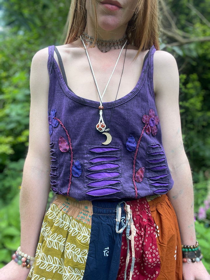 Embroidered Flower Camisole Purple Petal Stonewash Cotton Fair Trade Summer Top