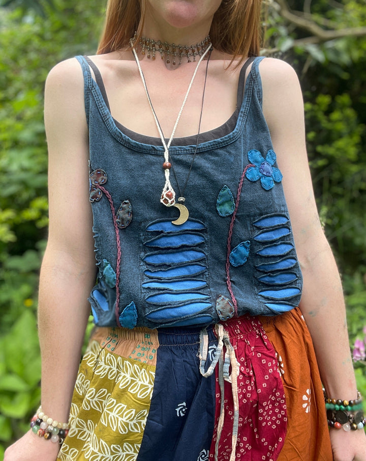 Embroidered Flower Camisole - Blue Peace Stonewash Cotton Fair Trade Summer Tops