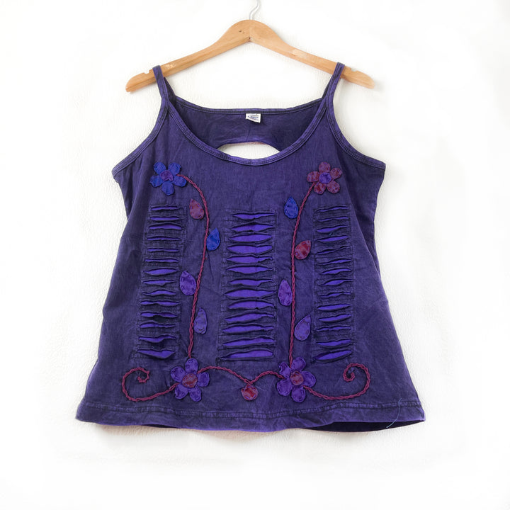 Embroidered Flower Camisole Purple Petal Stonewash Cotton Fair Trade Summer Top