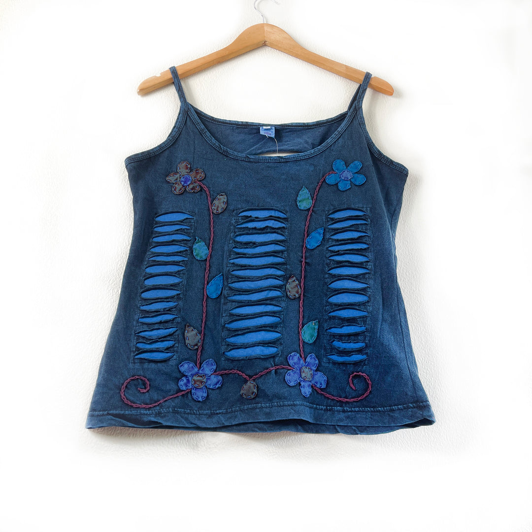 Embroidered Flower Camisole - Blue Peace Stonewash Cotton Fair Trade Summer Tops