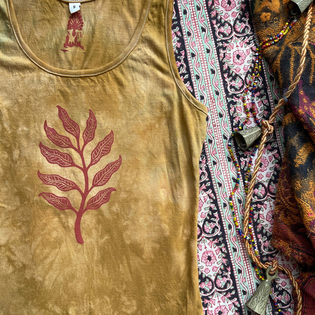 Arogya Sprig Ethical Vest Tank in Ochre, Hand Dyed & Block Printed Leaf Design, Organic & Vegan Cotton, Fair Trade Hippie Boho Botanical Print Top