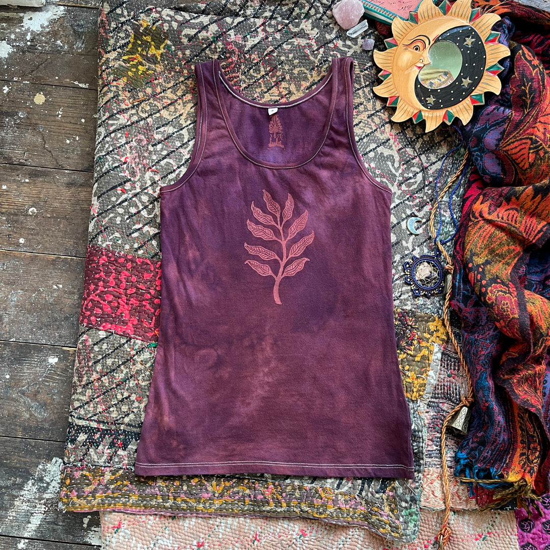Arogya Sprig Ethical Vest Tank in Indiana Rose, Hand Dyed & Block Printed Leaf Design, Organic & Vegan Cotton, Fair Trade Womens Hippie Boho Botanical Print Top