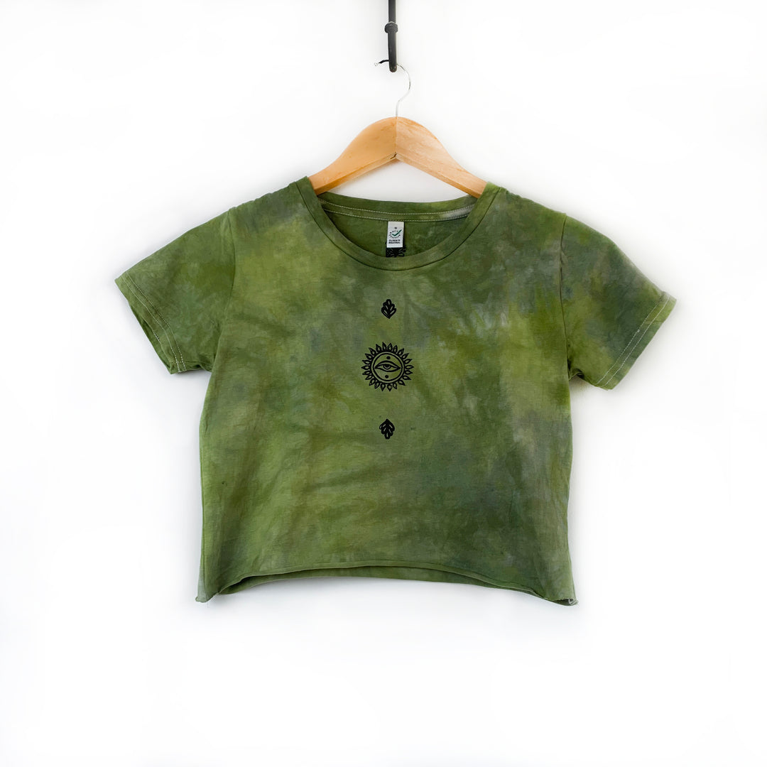 All Seeing Earth Crop T-Shirt in Moss Green - Hand Dyed & Block Printed, Vegan, Organic & Fair Trade