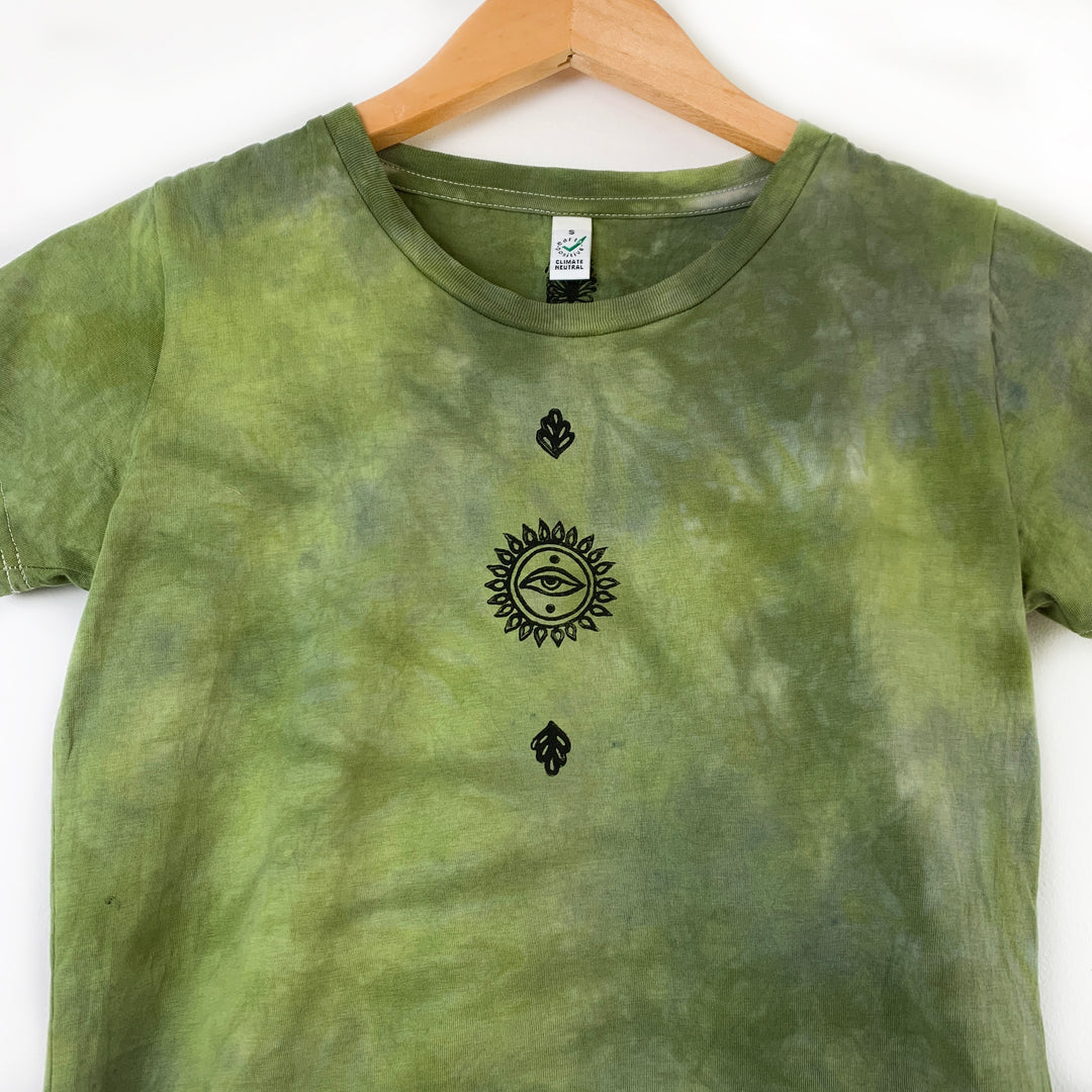 All Seeing Earth Crop T-Shirt in Moss Green - Hand Dyed & Block Printed, Vegan, Organic & Fair Trade