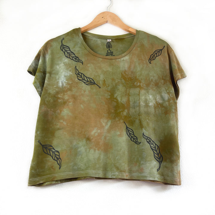 The Elm Leaf Ethical T-Shirt, Moss Green Hand Dyed & Block Printed, Boxy Fit, Organic Vegan, Fair Trade Top