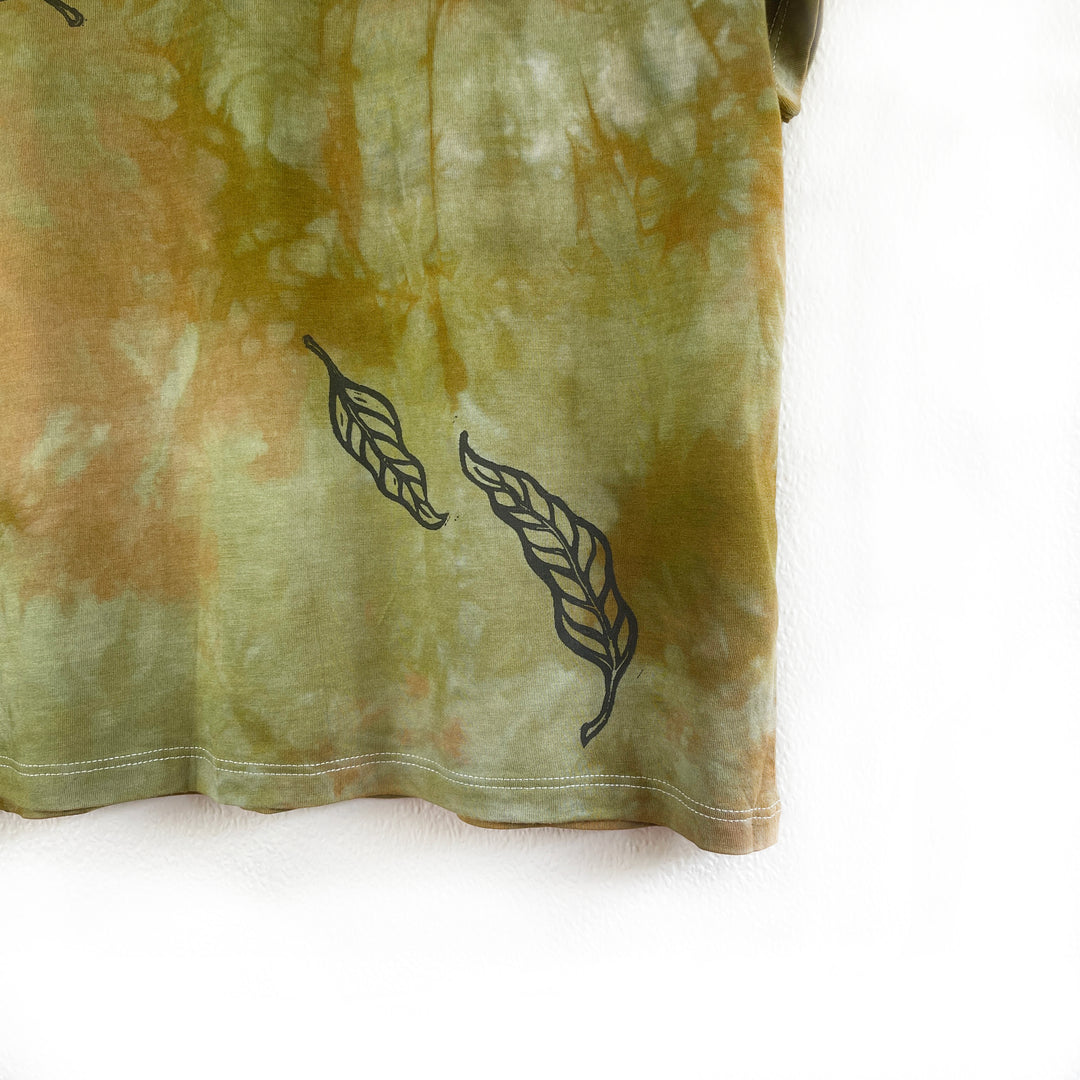 The Elm Leaf Ethical T-Shirt, Moss Green Hand Dyed & Block Printed, Boxy Fit, Organic Vegan, Fair Trade Top