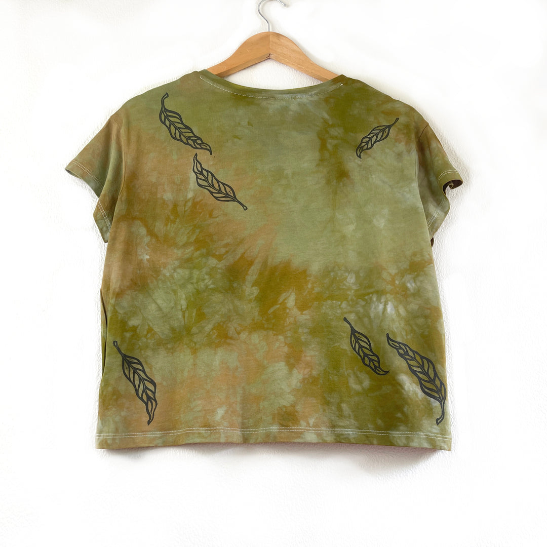 The Elm Leaf Ethical T-Shirt, Moss Green Hand Dyed & Block Printed, Boxy Fit, Organic Vegan, Fair Trade Top