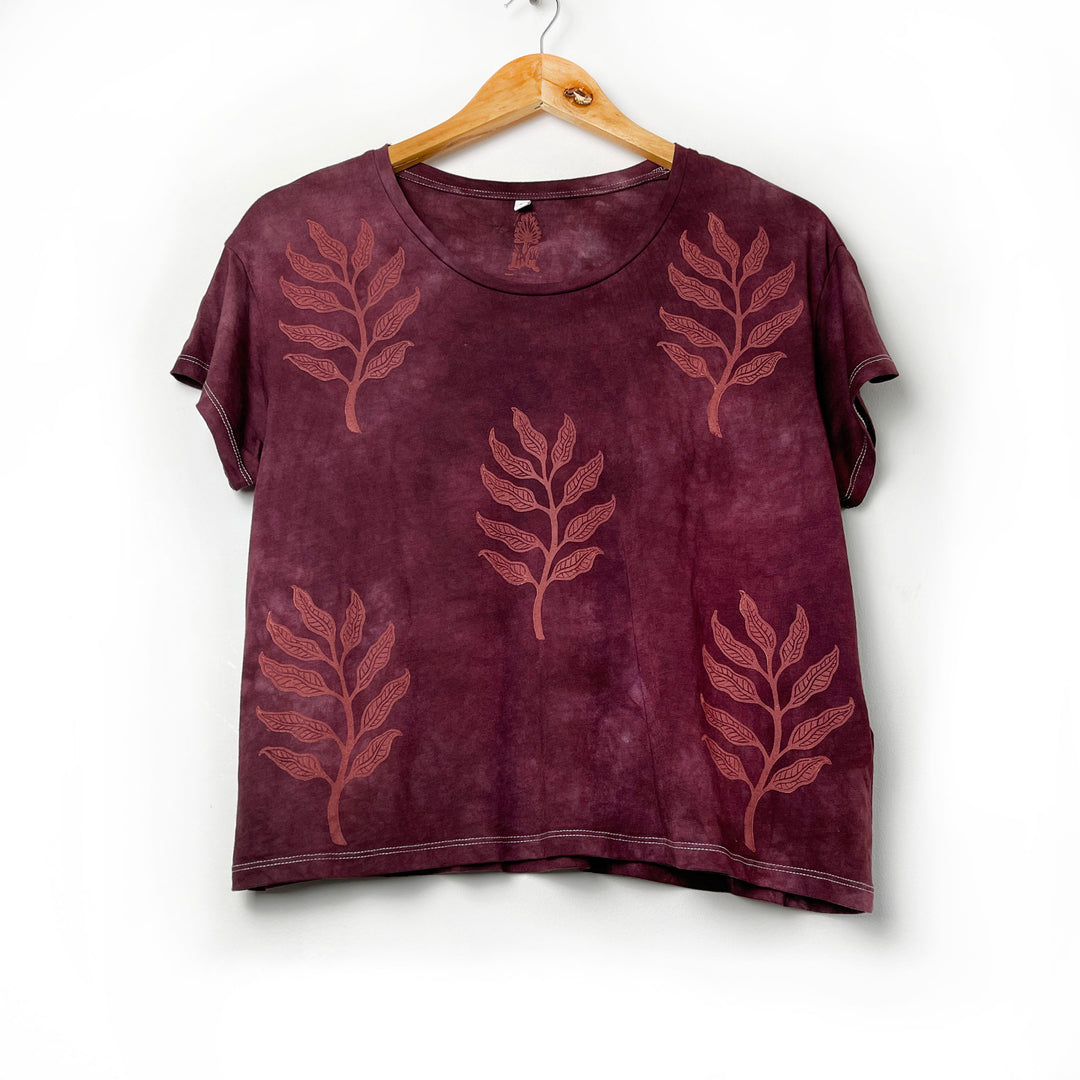 Arogya Sprig Ethical Boxy Fit T-Shirt in Indiana Rose, Hand Dyed & Block Printed, Organic Vegan, Fair Trade Hippie Top