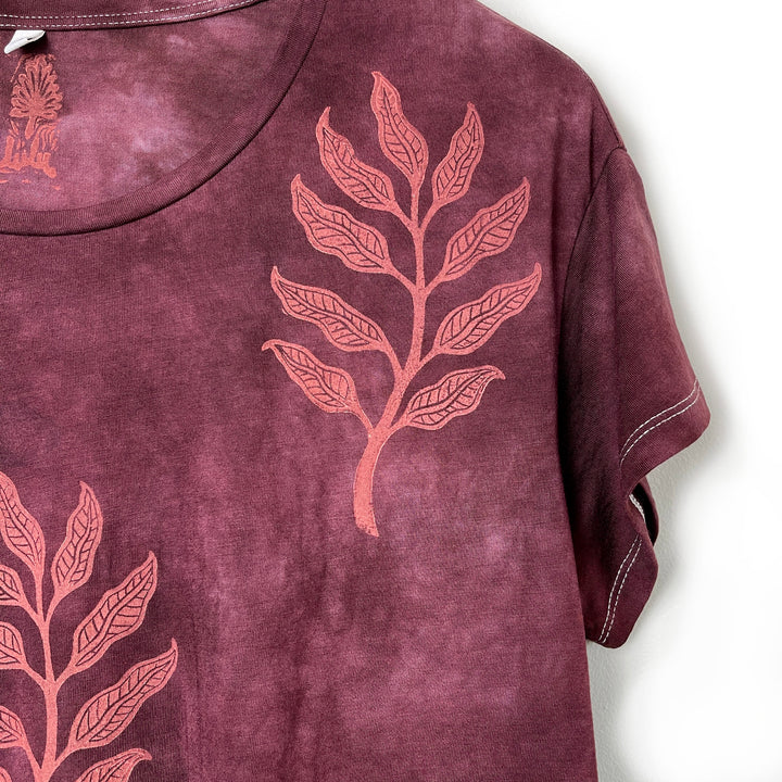 Arogya Sprig Ethical Boxy Fit T-Shirt in Indiana Rose, Hand Dyed & Block Printed, Organic Vegan, Fair Trade Womens Hippie Top