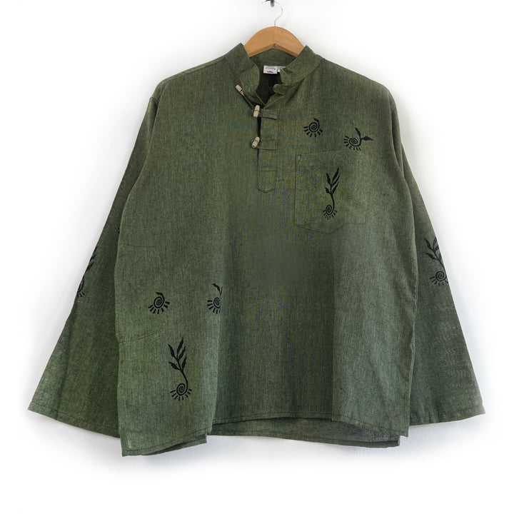 Forager Oversize Cotton Shirt - Moss - Block Printed Seedling Leafy Print, 100% Cotton, Fair Trade, Unisex Toggle Button, Hippie Smock Shirt
