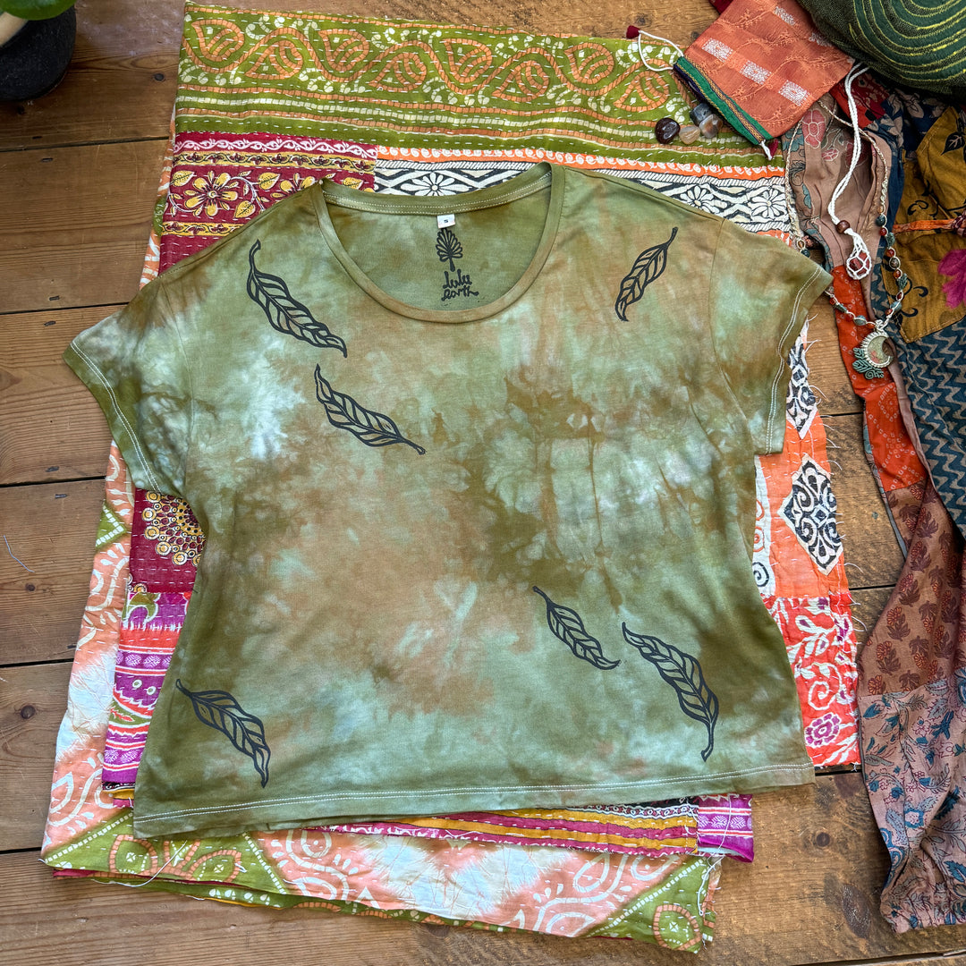 The Elm Leaf Ethical T-Shirt, Moss Green Hand Dyed & Block Printed, Boxy Fit, Organic Vegan, Fair Trade Top