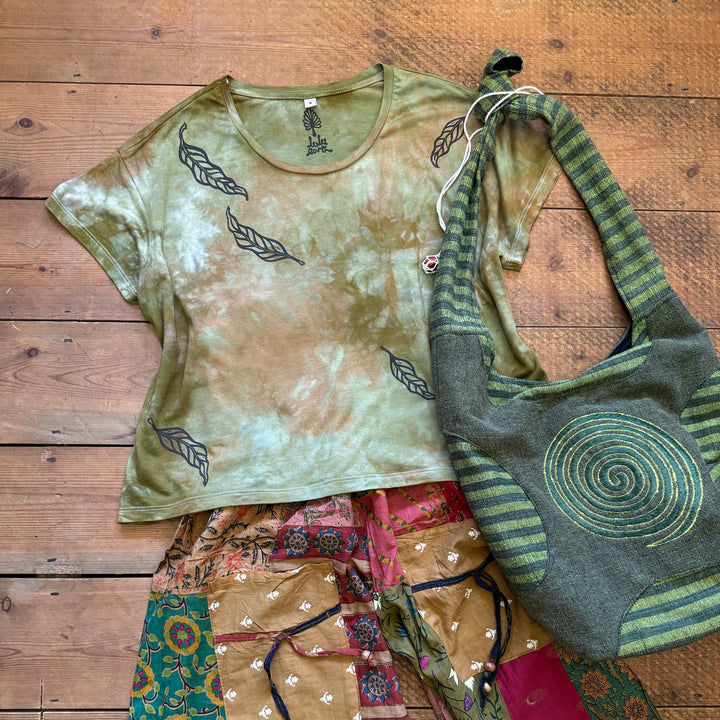 The Elm Leaf Ethical T-Shirt, Moss Green Hand Dyed & Block Printed, Boxy Fit, Organic Vegan, Fair Trade Top