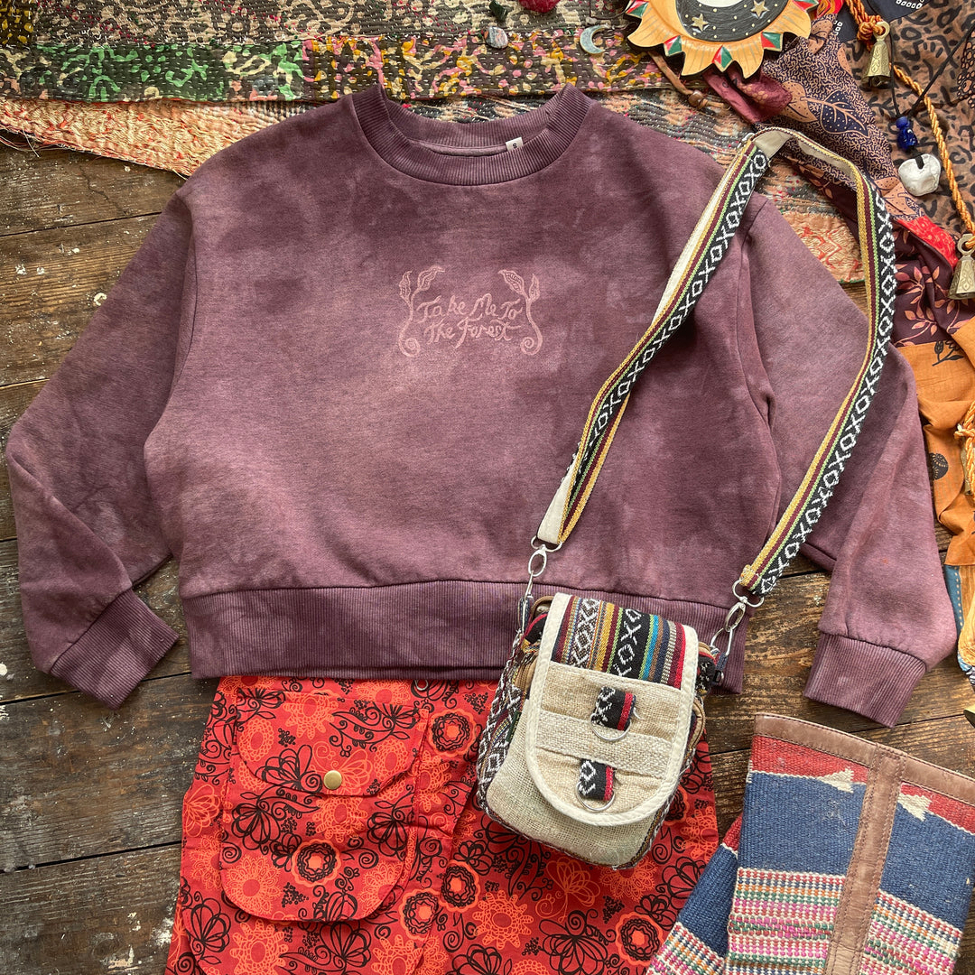 Take Me To The Forest Ethical Sweater - Hand Dyed & Block Printed, Organic, Fair Trade, Climate Neutral, Leaf Print Hippie Fairy Sweatshirt