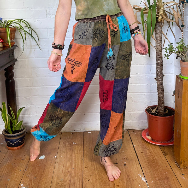 Stonewash Patchwork Block Print Hippie Trousers - Fair Trade Loose fit Harem Nepalese Motif Pants