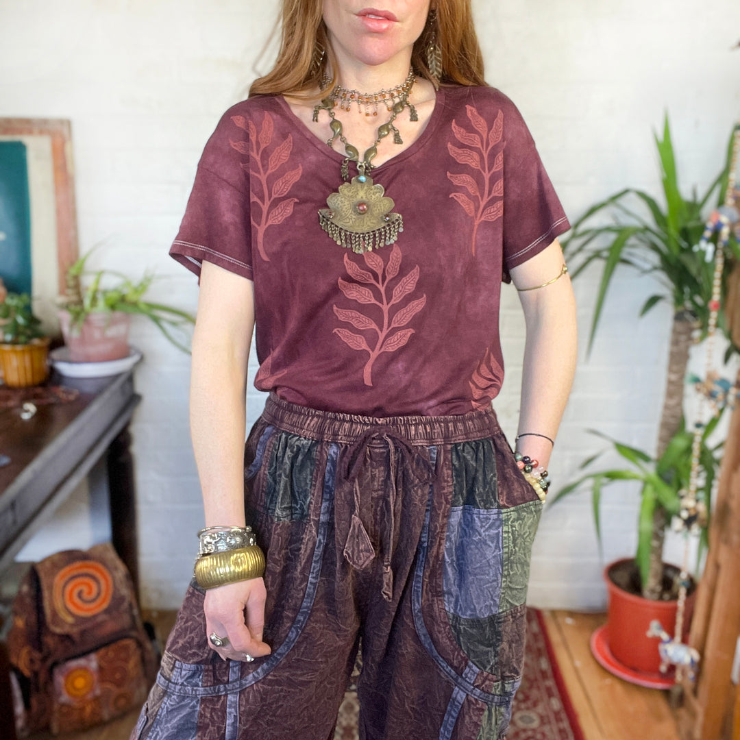 Arogya Sprig Ethical Boxy Fit T-Shirt in Indiana Rose, Hand Dyed & Block Printed, Organic Vegan, Fair Trade Hippie Top