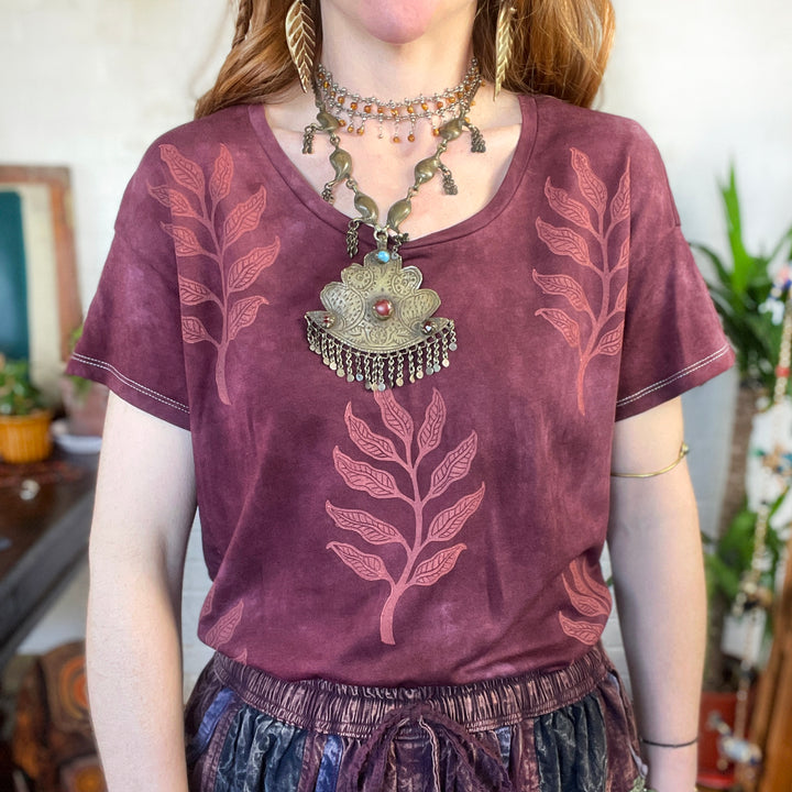 Arogya Sprig Ethical Boxy Fit T-Shirt in Indiana Rose, Hand Dyed & Block Printed, Organic Vegan, Fair Trade Womens Hippie Top