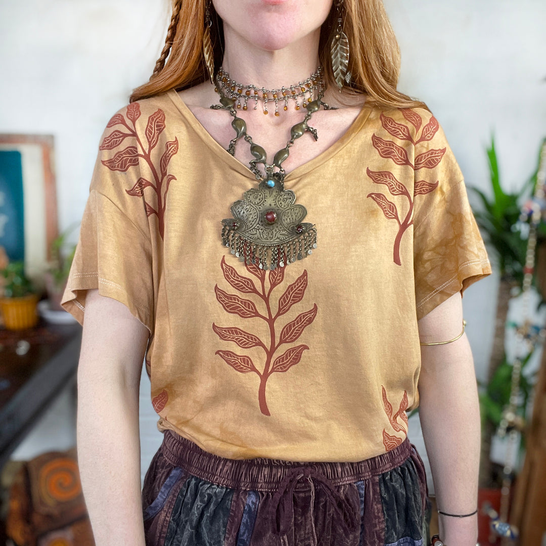 Arogya Sprig Ethical Boxy Fit T-Shirt in Ochre, Hand Dyed & Block Printed, Organic Vegan, Fair Trade Womens Top