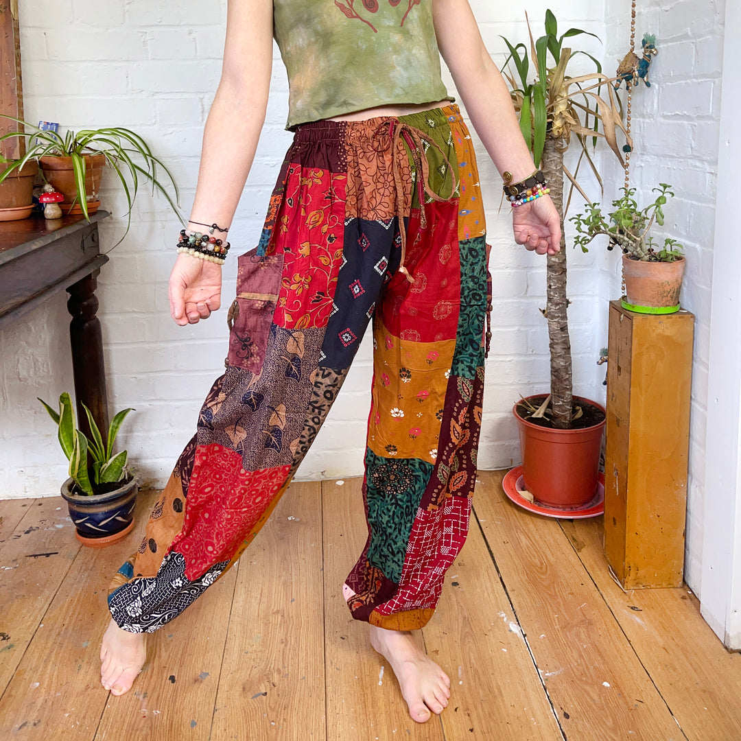 Indian Patchwork Earthy Tone Harem Hippie Trousers Fair Trade One Size –  Lulu Earth