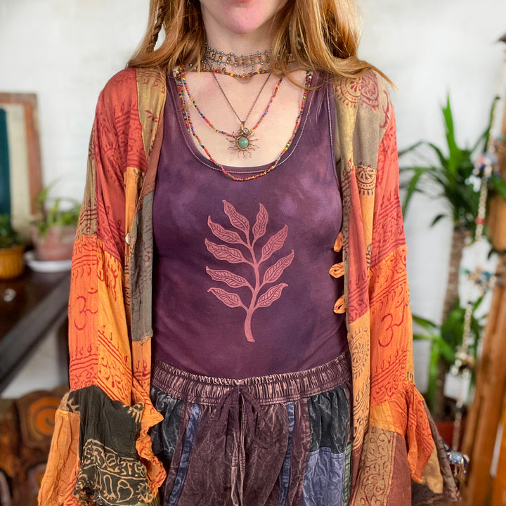 Arogya Sprig Ethical Vest Tank in Indiana Rose, Hand Dyed & Block Printed Leaf Design, Organic & Vegan Cotton, Fair Trade Hippie Boho Botanical Print Top