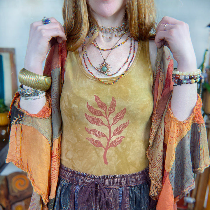 Arogya Sprig Ethical Vest Tank in Ochre, Hand Dyed & Block Printed Leaf Design, Organic & Vegan Cotton, Fair Trade Womens Hippie Boho Botanical Print Top