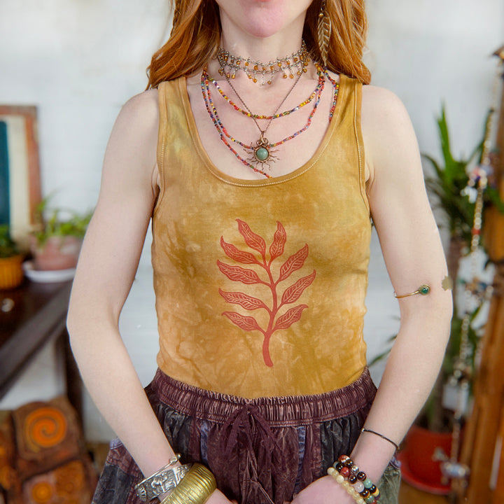 Arogya Sprig Ethical Vest Tank in Ochre, Hand Dyed & Block Printed Leaf Design, Organic & Vegan Cotton, Fair Trade Hippie Boho Botanical Print Top