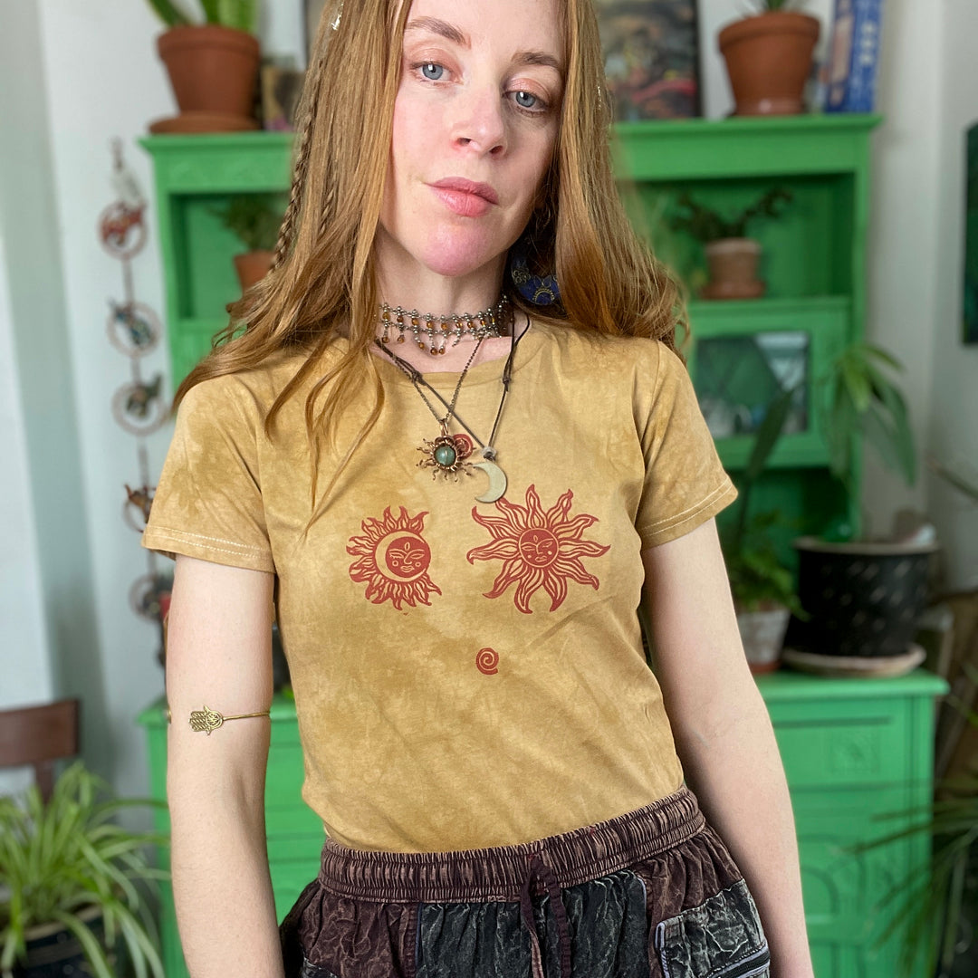 Tarot Earth Fitted Tee - Ochre Hand Dyed & Block Printed Sun & Moon, Fair Trade, Organic, Vegan and Climate Neutral Hippie Top