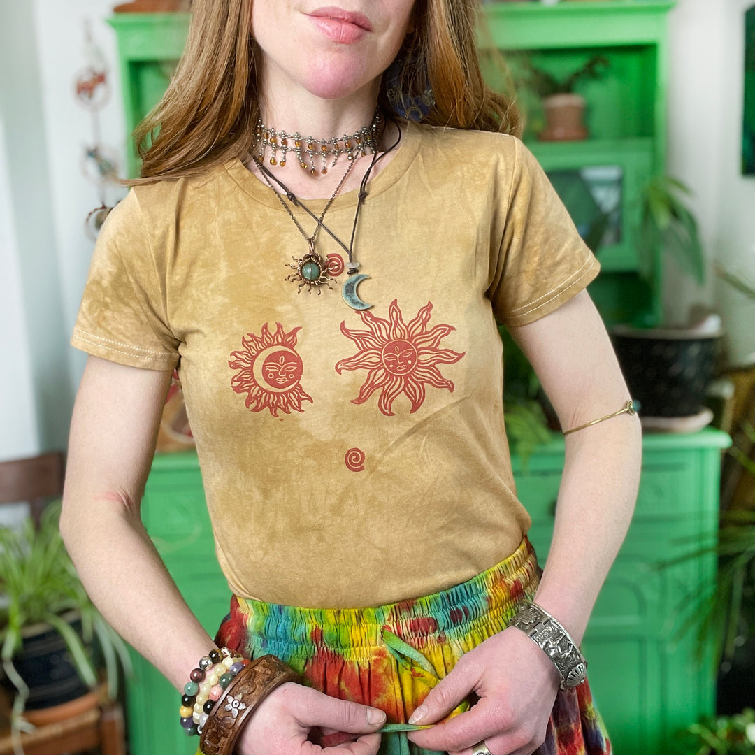 Tarot Earth Fitted Tee - Ochre Hand Dyed & Block Printed Sun & Moon, Fair Trade, Organic, Vegan and Climate Neutral Hippie Top