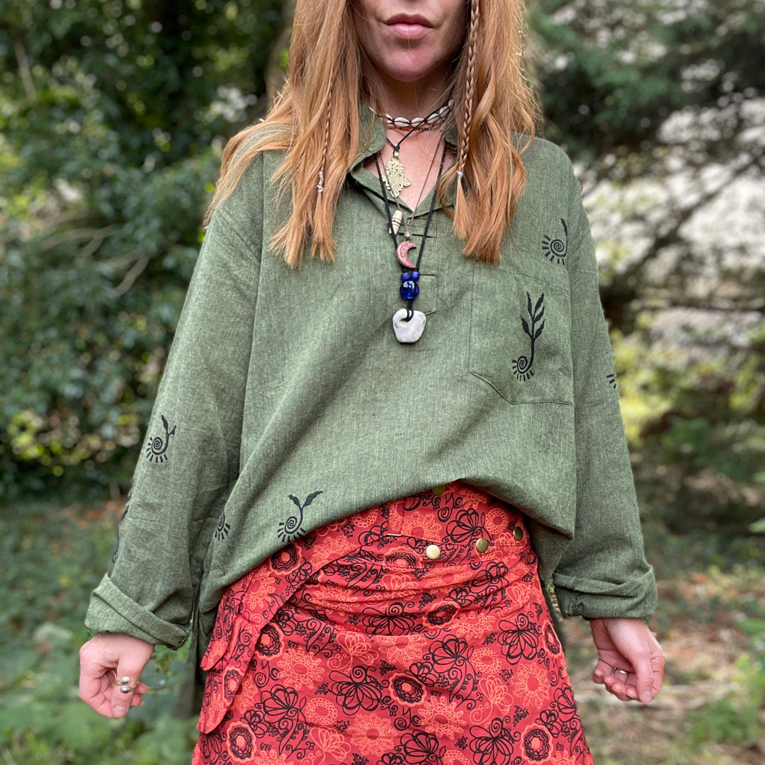 Forager Oversize Cotton Shirt - Moss - Block Printed Seedling Leafy Print, 100% Cotton, Fair Trade, Unisex Toggle Button, Hippie Smock Shirt