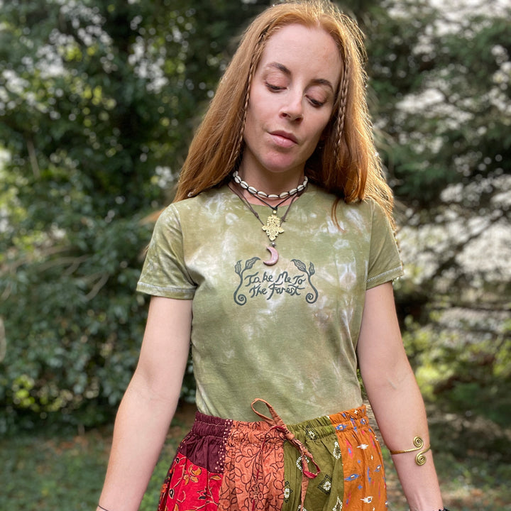 Take Me To The Forest Ethical T-Shirt - Moss Green - Hand dyed & Block Printed, Vegan, Organic & Fair Trade