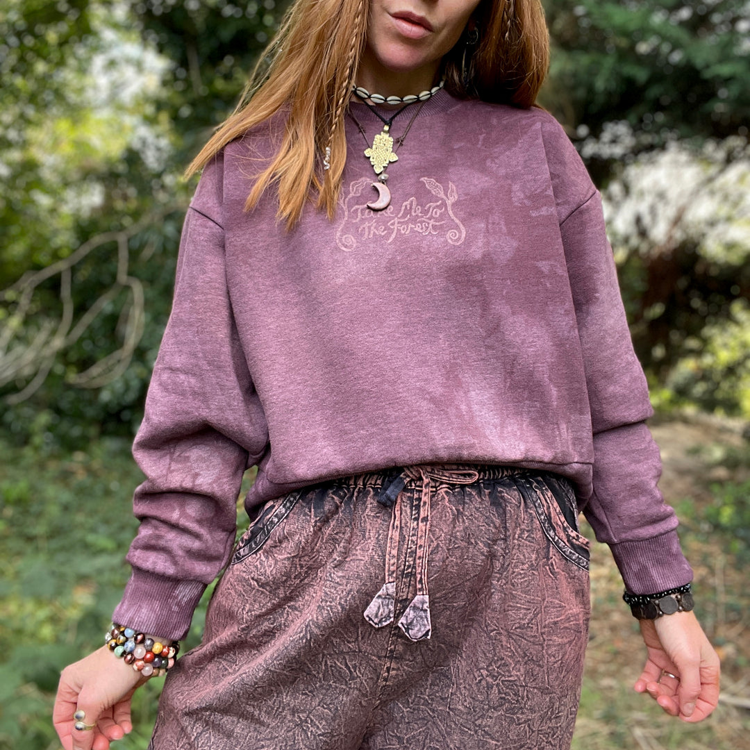 Take Me To The Forest Ethical Sweater - Hand Dyed & Block Printed, Organic, Fair Trade, Climate Neutral, Leaf Print Hippie Fairy Sweatshirt
