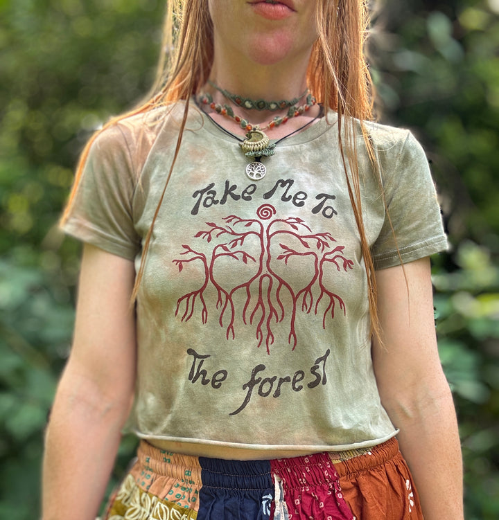 Into The Forest Fitted T-Shirt - Moss Green & Ochre Hand Dyed & Block Printed, Fair Trade, Organic, Vegan and Climate Neutral Hippie Top