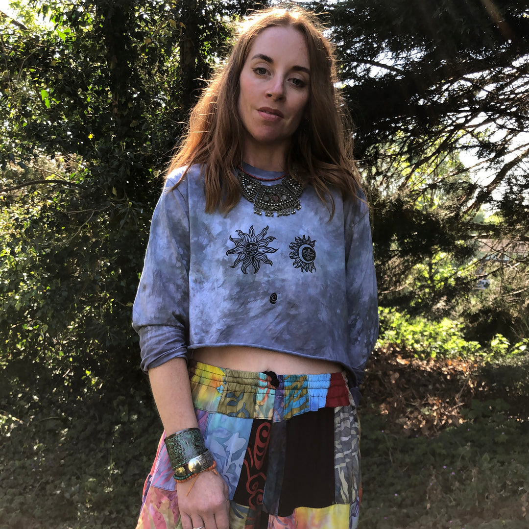 Tarot Ethical Long Sleeve, Hand Dyed & Block Printed Sun Moon, Ethically Made, Fair Trade Loose Fit Bohemian Top