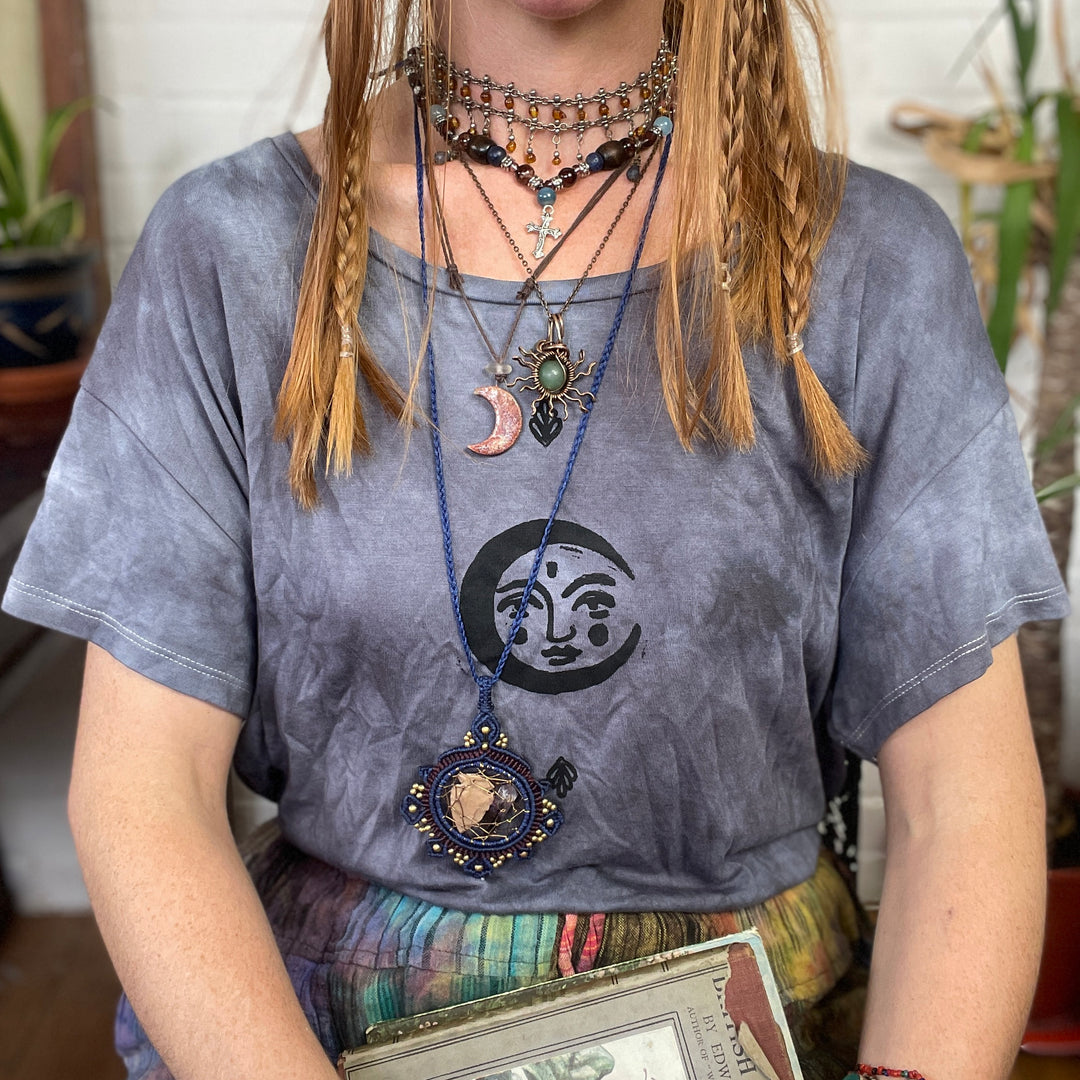 Psychedelic Moon Boxy Fit Ethical T-Shirt, Hand Dyed & Block Printed, Organic Vegan Celestial Top