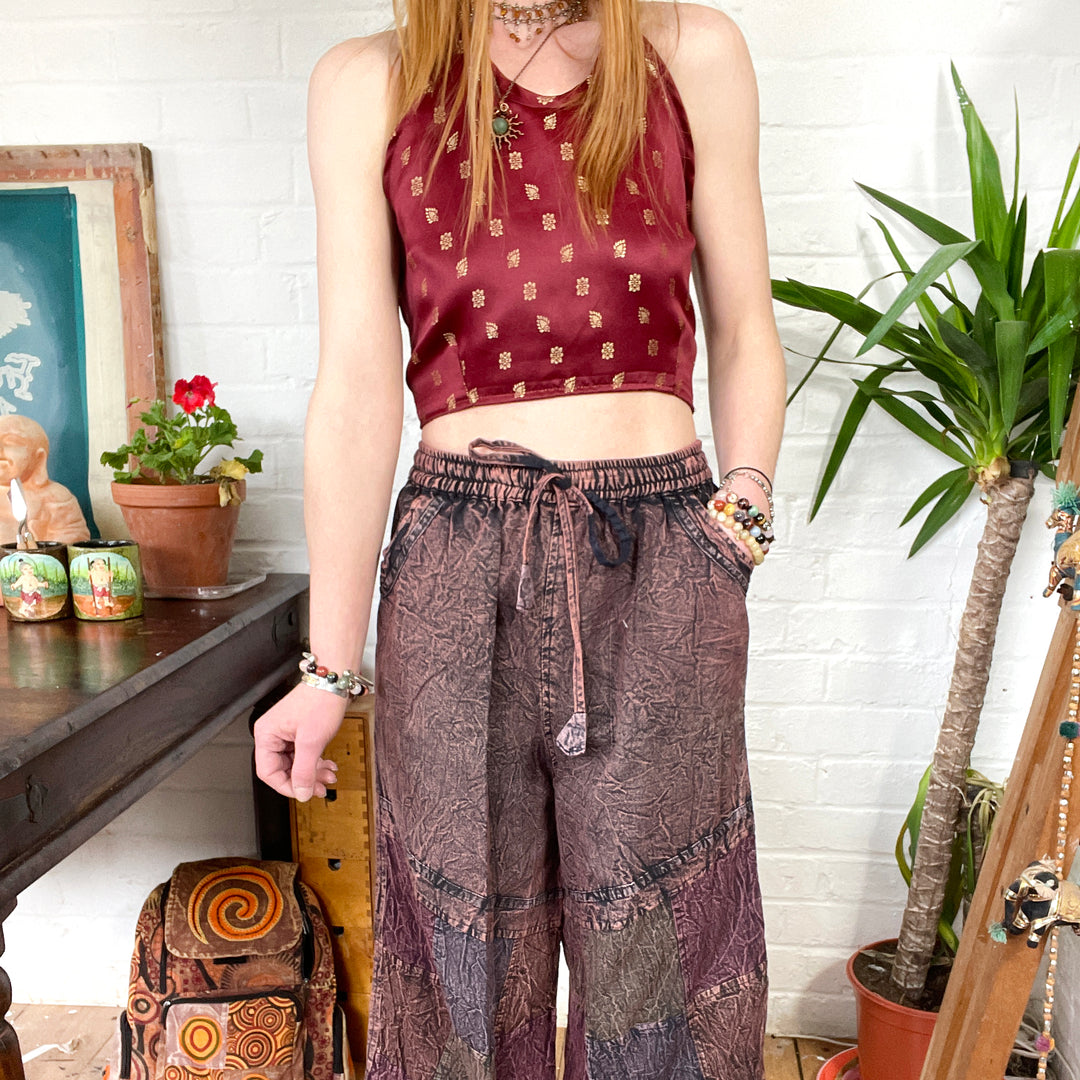 Stonewashed Patchwork Earth Brown Boho Hippie Trousers - Harem Straight Leg Loose fit Cotton Earth Tone Unisex One Size Trousers