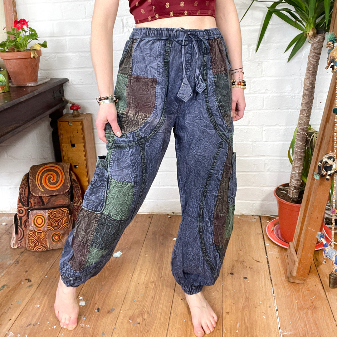 Stonewashed Patchwork Ocean Blue Boho Hippie Zip Pocket Trousers - Harem Straight Leg Loose fit Cotton Earth Tone Unisex One Size Trousers