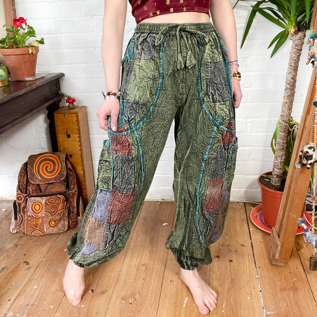 Stonewashed Patchwork Pixie Green Boho Hippie Trousers - One Size Harem Straight Leg Loose fit Cotton Earth Tone Unisex One Size Trousers